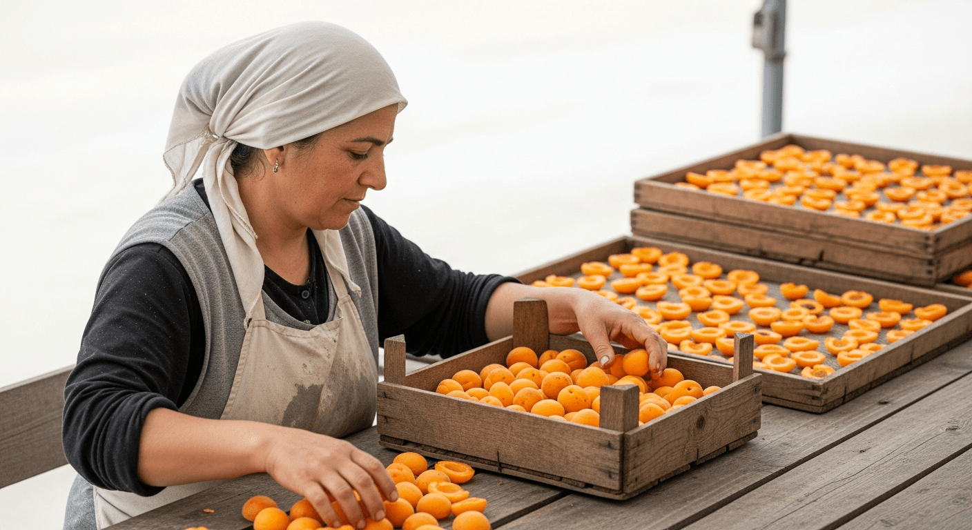 Kadın üretici, kayısıları güneşte kurutmadan önce ayıklayıp kasalara yerleştiriyor